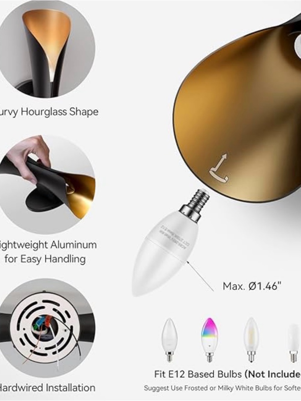 NIB PAIR Wall Sconces Dimmable Black Gold Sconce Lights Hardwired Modern Indoor - Picture 7 of 11